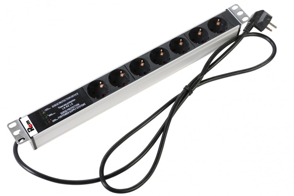 Блок розеток  19", Rem-16, с фил. и инд., 7 розеток Schuko, 16A, алюм., шнур 1,8м, Rem