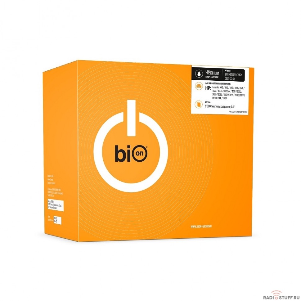 Bion Q2612/C703/C303-XL6K  Картридж для HP LaserJet 1010/1015/1018/1020/1022/3015/3020/3030/3050/3052/3055/M1005 MFP/M1300 MFP/1319f MFP;Canon LBP 2900/3000 (6000  стр.), Черный