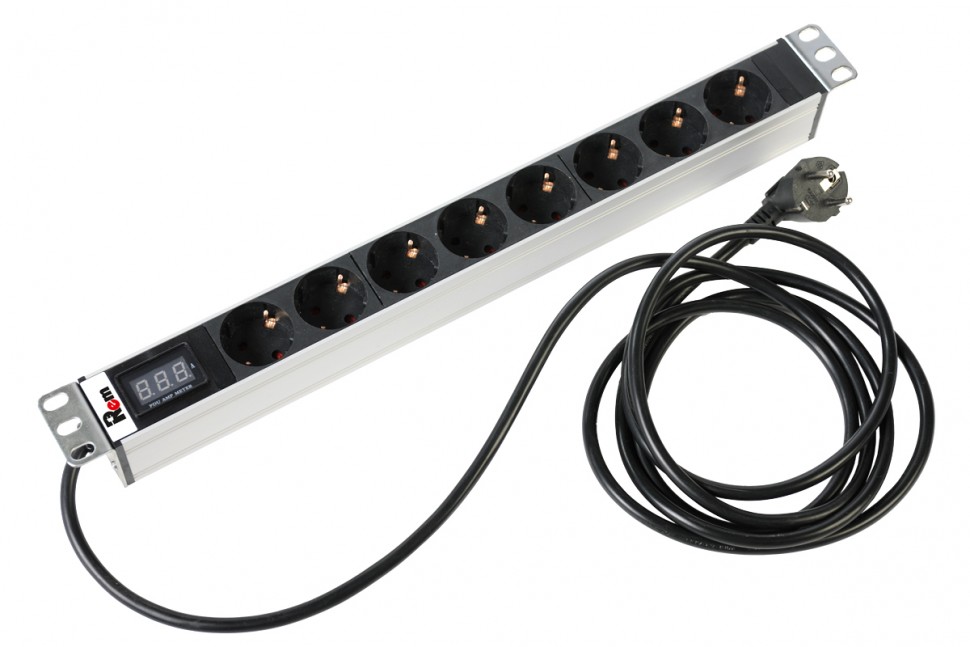 Блок розеток 19", Rem-16, с амперметром, 8 розеток Schuko, 16A, алюм., шнур 3м., Rem