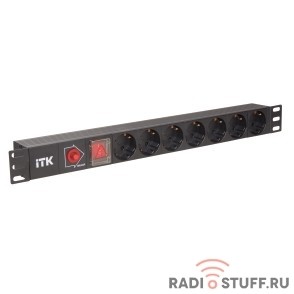 Блок розеток, 7 розеток, нем. ст, с LED выключателем, 1U, без шнура, вилка С14, ITK 