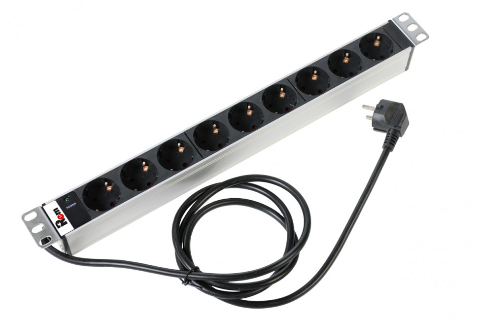 Блок розеток Rem-16 с инд., 9 розеток Schuko, 16A, алюм., 19", шнур 3м, Rem