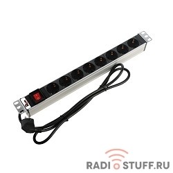 Блок розеток 19", Rem-16, с выключателем, 8 розеток Schuko, 16A, алюм., шнур 1,8м, Rem